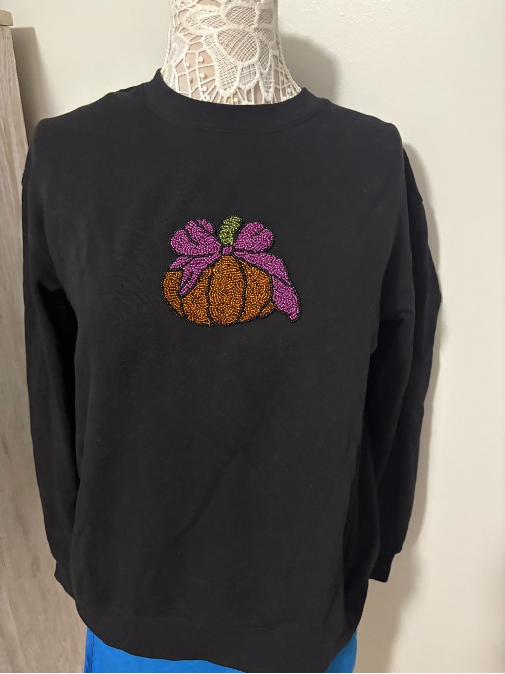 Cynthia Rowley Black Crewneck Sweater with Beaded Orange Pumpkin and Pink Bow